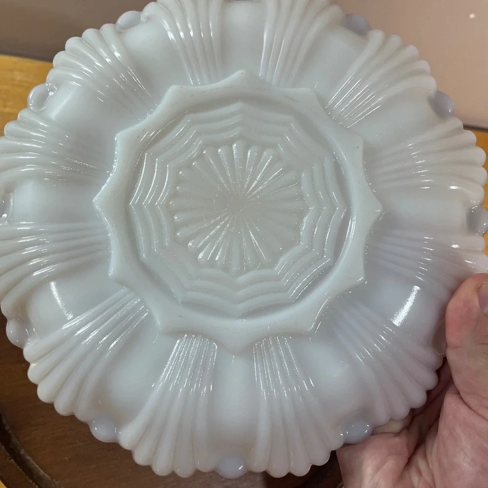 Vtg Anchor Hocking Anchorglass Milk Glass Deviled Egg Plate 22K Gold Trim 10